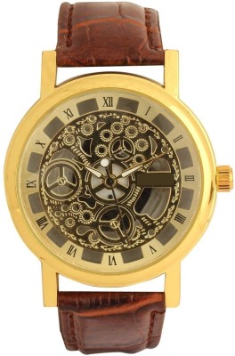 Haunt Classic Skeleton Transparent Gold Dial Leather Strap Analog Watch  - For Men   Watches  (Haunt)