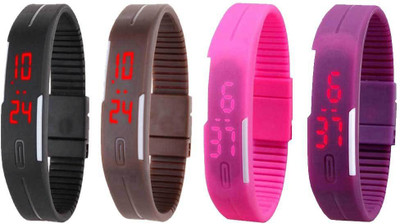 

NS18 Silicone Led Magnet Band Watch Combo of 4 Black, Brown, Pink And Purple Watch - For Couple