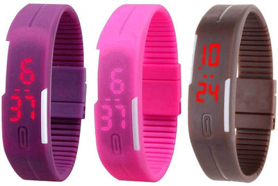 

NS18 Silicone Led Magnet Band Combo of 3 Purple, Pink And Brown Watch - For Boys & Girls