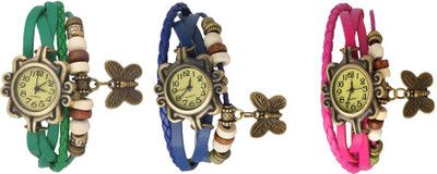 

Kissu Vintage Rakhi Watch Combo of 3 Green, Blue And Pink Watch - For Women