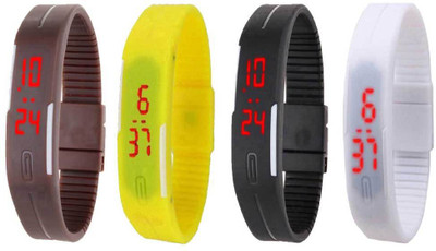 

NS18 Silicone Led Magnet Band Combo of 4 Brown, Yellow, Black And White Watch - For Boys & Girls