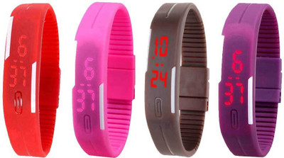 View NS18 Silicone Led Magnet Band Watch Combo of 4 Red, Pink, Brown And Purple Digital Watch  - For Couple Wrist Watches Price Online(NS18)