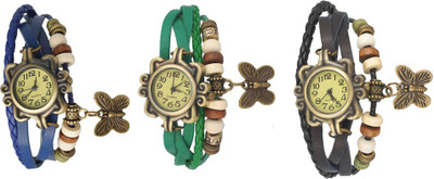 

NS18 Vintage Butterfly Rakhi Watch Combo of 3 Blue, Green And Black Watch - For Women