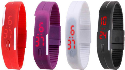 

NS18 Silicone Led Magnet Band Combo of 4 Red, Purple, White And Black Watch - For Boys & Girls