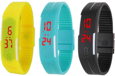 

NS18 Silicone Led Magnet Band Combo of 3 Yellow, Sky Blue And Black Watch - For Boys & Girls