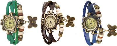 

Kissu Vintage Rakhi Watch Combo of 3 Green, Brown And Blue Watch - For Women