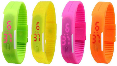 

NS18 Silicone Led Magnet Band Combo of 4 Green, Yellow, Pink And Orange Watch - For Boys & Girls