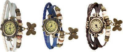 

Kissu Vintage Rakhi Watch Combo of 3 White, Blue And Brown Watch - For Women