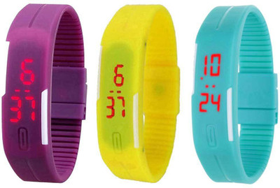 

NS18 Silicone Led Magnet Band Combo of 3 Purple, Yellow And Sky Blue Watch - For Boys & Girls