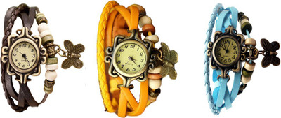 

Kissu Vintage Rakhi Watch Combo of 3 Brown, Yellow And Sky Blue Watch - For Women