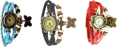 

Kissu Vintage Rakhi Watch Combo of 3 Sky Blue, Black And Red Watch - For Women