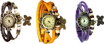 

NS18 Vintage Butterfly Rakhi Watch Combo of 3 Brown, Yellow And Purple Watch - For Women