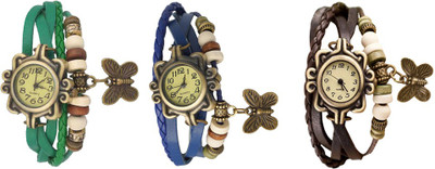 

Kissu Vintage Rakhi Watch Combo of 3 Green, Blue And Brown Watch - For Women