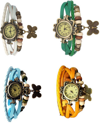 

Kissu Vintage Rakhi Combo of 4 White, Sky Blue, Green And Yellow Watch - For Women