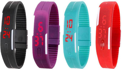 

NS18 Silicone Led Magnet Band Watch Combo of 4 Black, Purple, Sky Blue And Red Watch - For Couple