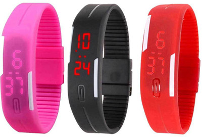 

NS18 Silicone Led Magnet Band Combo of 3 Pink, Black And Red Watch - For Boys & Girls