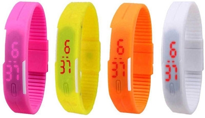 

NS18 Silicone Led Magnet Band Combo of 4 Pink, Yellow, Orange And White Watch - For Boys & Girls