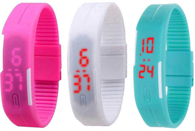 

NS18 Silicone Led Magnet Band Combo of 3 Pink, White And Sky Blue Watch - For Boys & Girls