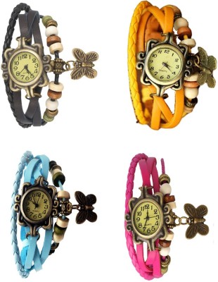 NS18 Vintage Butterfly Rakhi Combo of 4 Black, Sky Blue, Yellow And Pink Analog Watch  - For Women   Watches  (NS18)