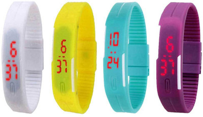 

NS18 Silicone Led Magnet Band Watch Combo of 4 White, Yellow, Sky Blue And Purple Watch - For Couple
