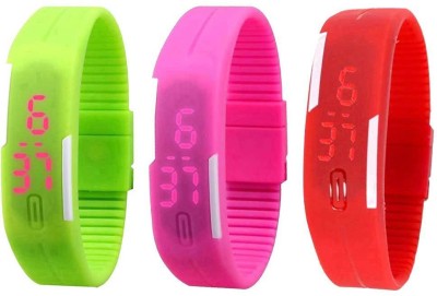 NS18 Silicone Led Magnet Band Combo of 3 Green, Pink And Red Digital Watch  - For Boys & Girls   Watches  (NS18)
