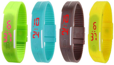 

NS18 Silicone Led Magnet Band Combo of 4 Green, Sky Blue, Brown And Yellow Watch - For Boys & Girls