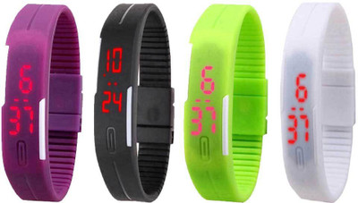 

NS18 Silicone Led Magnet Band Combo of 4 Purple, Black, Green And White Watch - For Boys & Girls