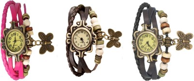 NS18 Vintage Butterfly Rakhi Watch Combo of 3 Pink, Brown And Black Analog Watch  - For Women   Watches  (NS18)