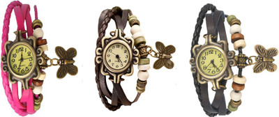 

Kissu Vintage Rakhi Watch Combo of 3 Pink, Brown And Black Watch - For Women