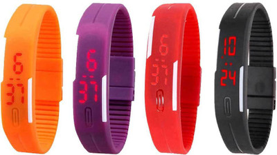 

NS18 Silicone Led Magnet Band Combo of 4 Orange, Purple, Red And Black Watch - For Boys & Girls