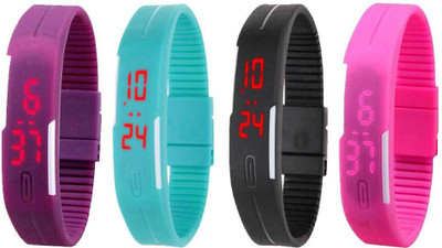 

NS18 Silicone Led Magnet Band Combo of 4 Purple, Sky Blue, Black And Pink Watch - For Boys & Girls