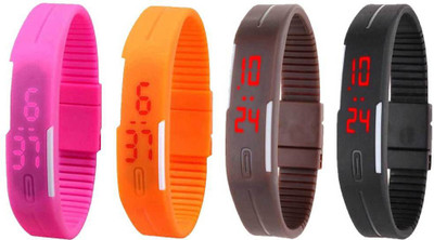 

NS18 Silicone Led Magnet Band Combo of 4 Pink, Orange, Brown And Black Watch - For Boys & Girls
