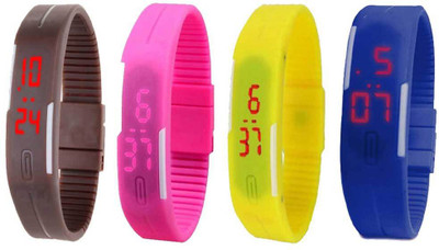 

NS18 Silicone Led Magnet Band Combo of 4 Brown, Pink, Yellow And Blue Watch - For Boys & Girls