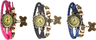 

NS18 Vintage Butterfly Rakhi Watch Combo of 3 Pink, Black And Blue Watch - For Women