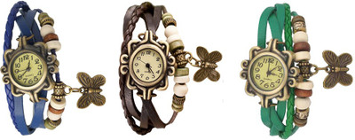 

Kissu Vintage Rakhi Watch Combo of 3 Blue, Brown And Green Watch - For Women