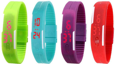 

NS18 Silicone Led Magnet Band Watch Combo of 4 Green, Sky Blue, Purple And Red Watch - For Couple