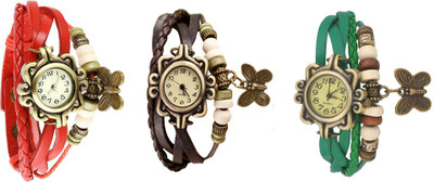 

Kissu Vintage Rakhi Watch Combo of 3 Red, Brown And Green Watch - For Women
