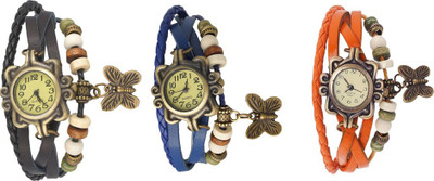 

Kissu Vintage Rakhi Watch Combo of 3 Black, Blue And Orange Watch - For Women
