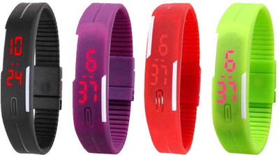 

NS18 Silicone Led Magnet Band Combo of 4 Black, Purple, Red And Green Watch - For Boys & Girls
