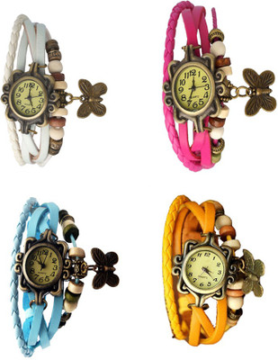 

Kissu Vintage Rakhi Combo of 4 White, Sky Blue, Pink And Yellow Watch - For Women