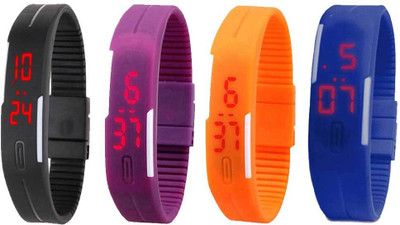 

NS18 Silicone Led Magnet Band Combo of 4 Black, Purple, Orange And Blue Watch - For Boys & Girls