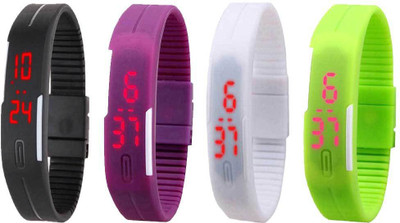 

NS18 Silicone Led Magnet Band Combo of 4 Black, Purple, White And Green Watch - For Boys & Girls