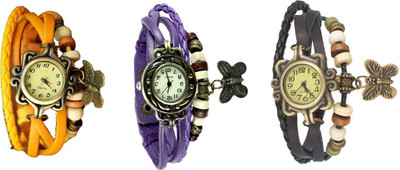 

NS18 Vintage Butterfly Rakhi Watch Combo of 3 Yellow, Purple And Black Watch - For Women