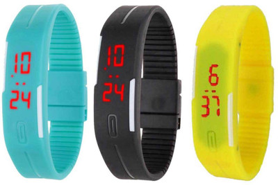 

NS18 Silicone Led Magnet Band Combo of 3 Sky Blue, Black And Yellow Watch - For Boys & Girls
