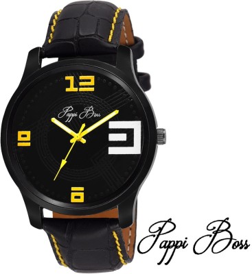Pappi Boss Black Case Yellow Initial & Stitching Leather Strap Casual Analog Watch  - For Men   Watches  (Pappi Boss)