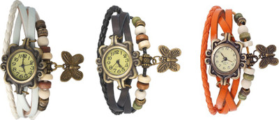 

Kissu Vintage Rakhi Watch Combo of 3 White, Black And Orange Watch - For Women