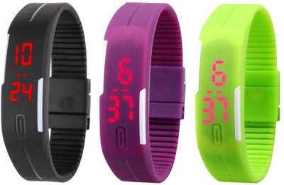 

Kissu Led Band Watch Combo of 3 Black, Purple And Green Watch - For Couple