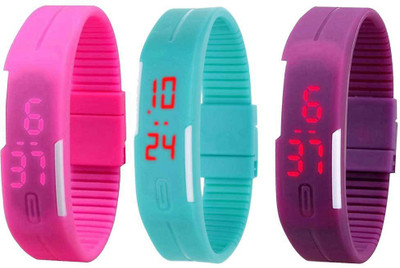 

NS18 Silicone Led Magnet Band Combo of 3 Pink, Sky Blue And Purple Watch - For Boys & Girls