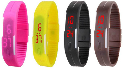 

NS18 Silicone Led Magnet Band Combo of 4 Pink, Yellow, Black And Brown Watch - For Boys & Girls