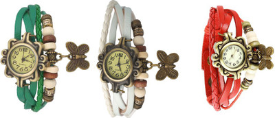 

Kissu Vintage Rakhi Watch Combo of 3 Green, White And Red Watch - For Women